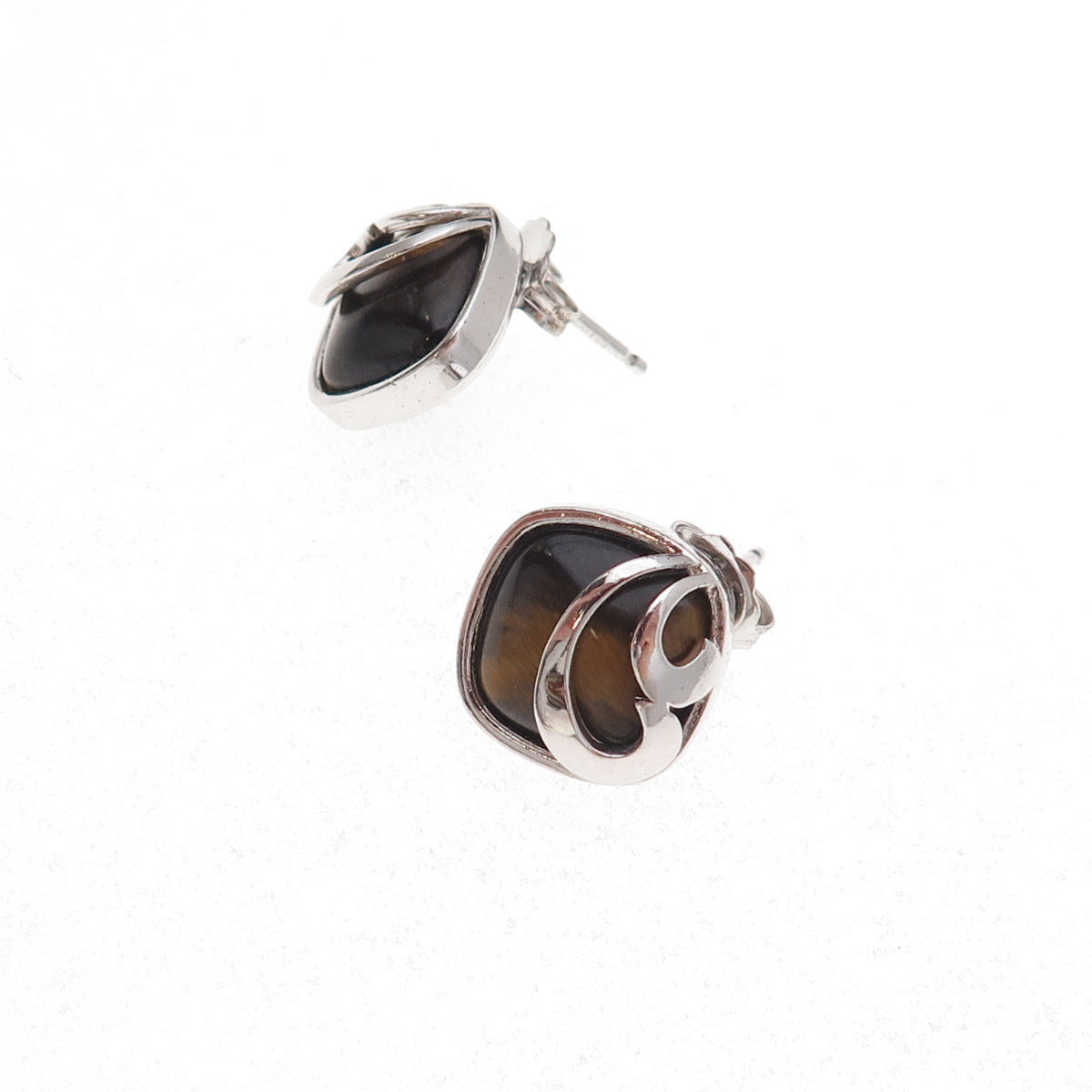 925 Sterling Silver Mexico Real Tiger Eye Wavy Scroll Earrings