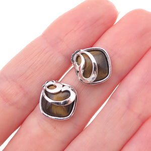 925 Sterling Silver Mexico Real Tiger Eye Wavy Scroll Earrings