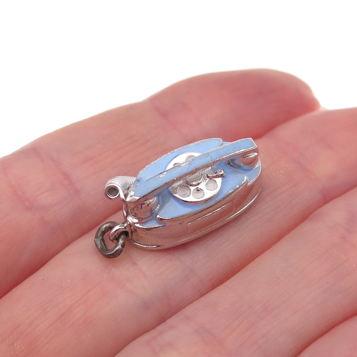 Wells 925 Sterling Antique Art Deco Enamel Retro Rotary Phone 3D Charm Pendant