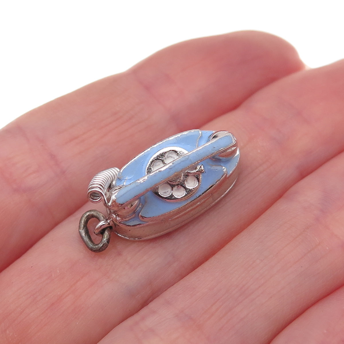 Wells 925 Sterling Antique Art Deco Enamel Retro Rotary Phone 3D Charm Pendant