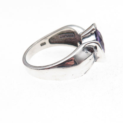 925 Sterling Silver Vintage Real Amethyst Modernist Oxidized Ring Size 10