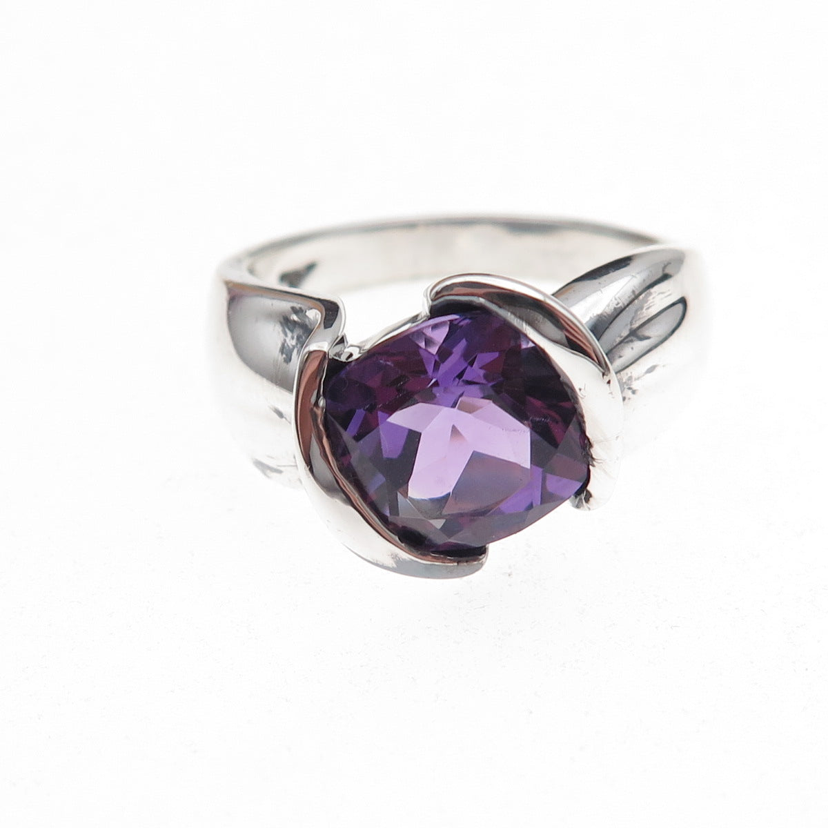 925 Sterling Silver Vintage Real Amethyst Modernist Oxidized Ring Size 10