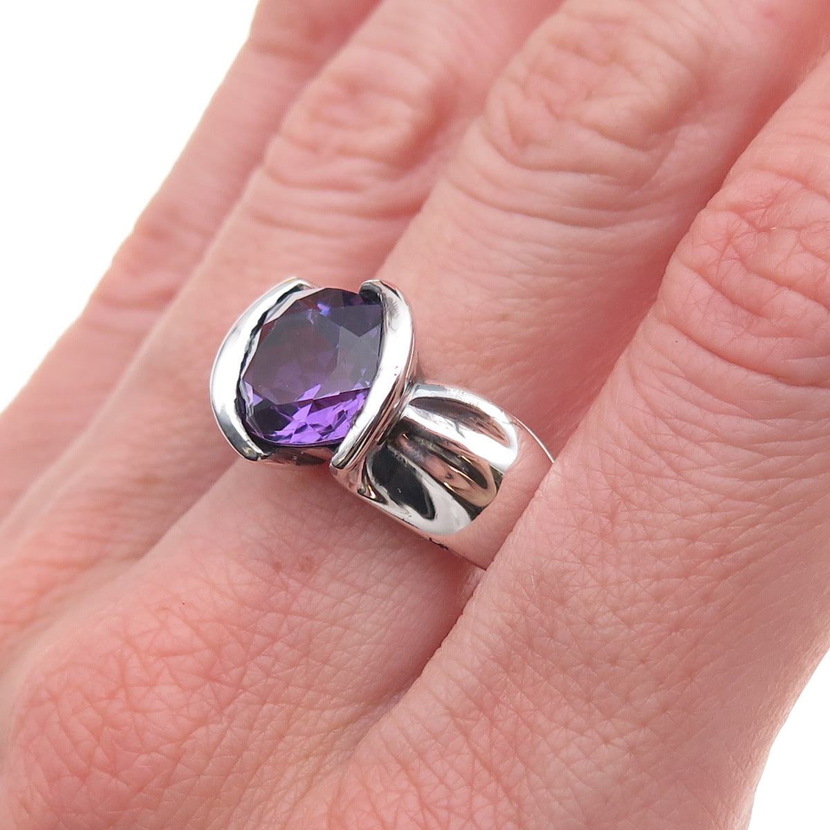 925 Sterling Silver Vintage Real Amethyst Modernist Oxidized Ring Size 10