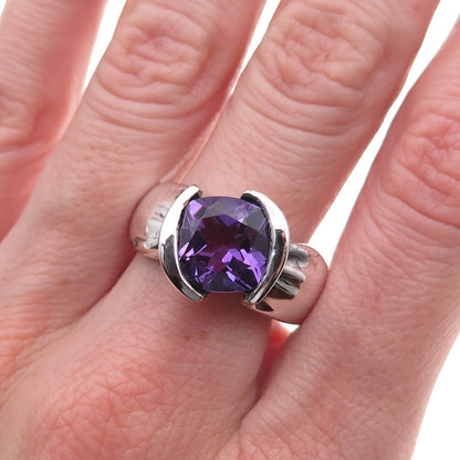 925 Sterling Silver Vintage Real Amethyst Modernist Oxidized Ring Size 10