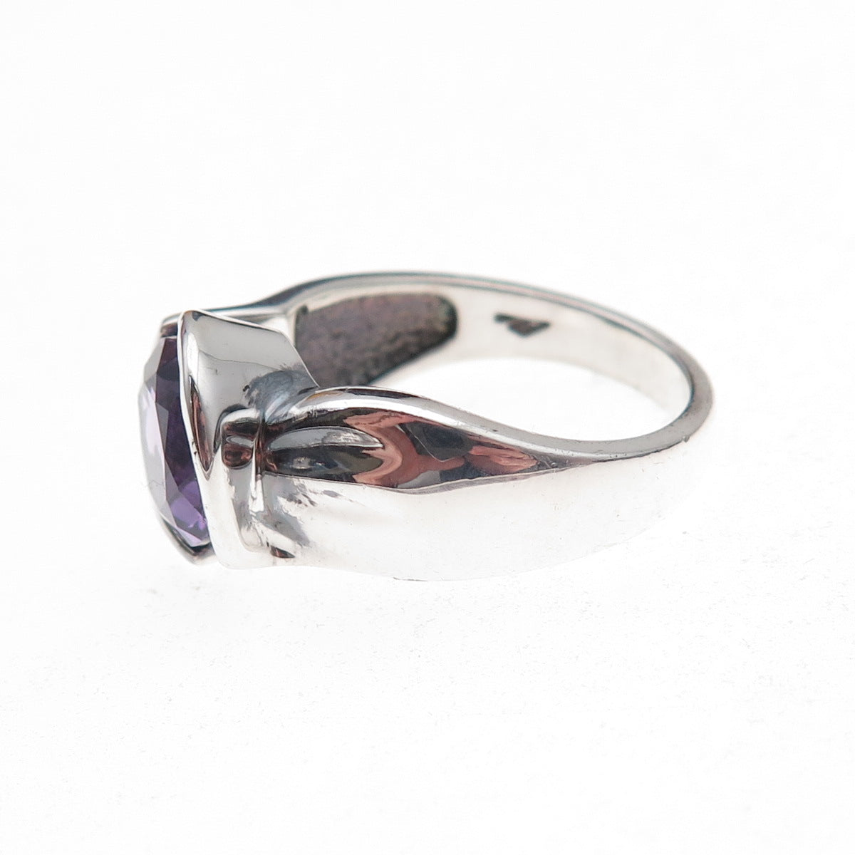 925 Sterling Silver Vintage Real Amethyst Modernist Oxidized Ring Size 10