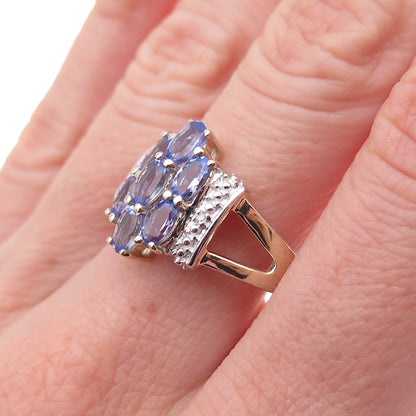 925 Sterling Silver Gold Plated Real Diamond & Tanzanite Ring Size 8