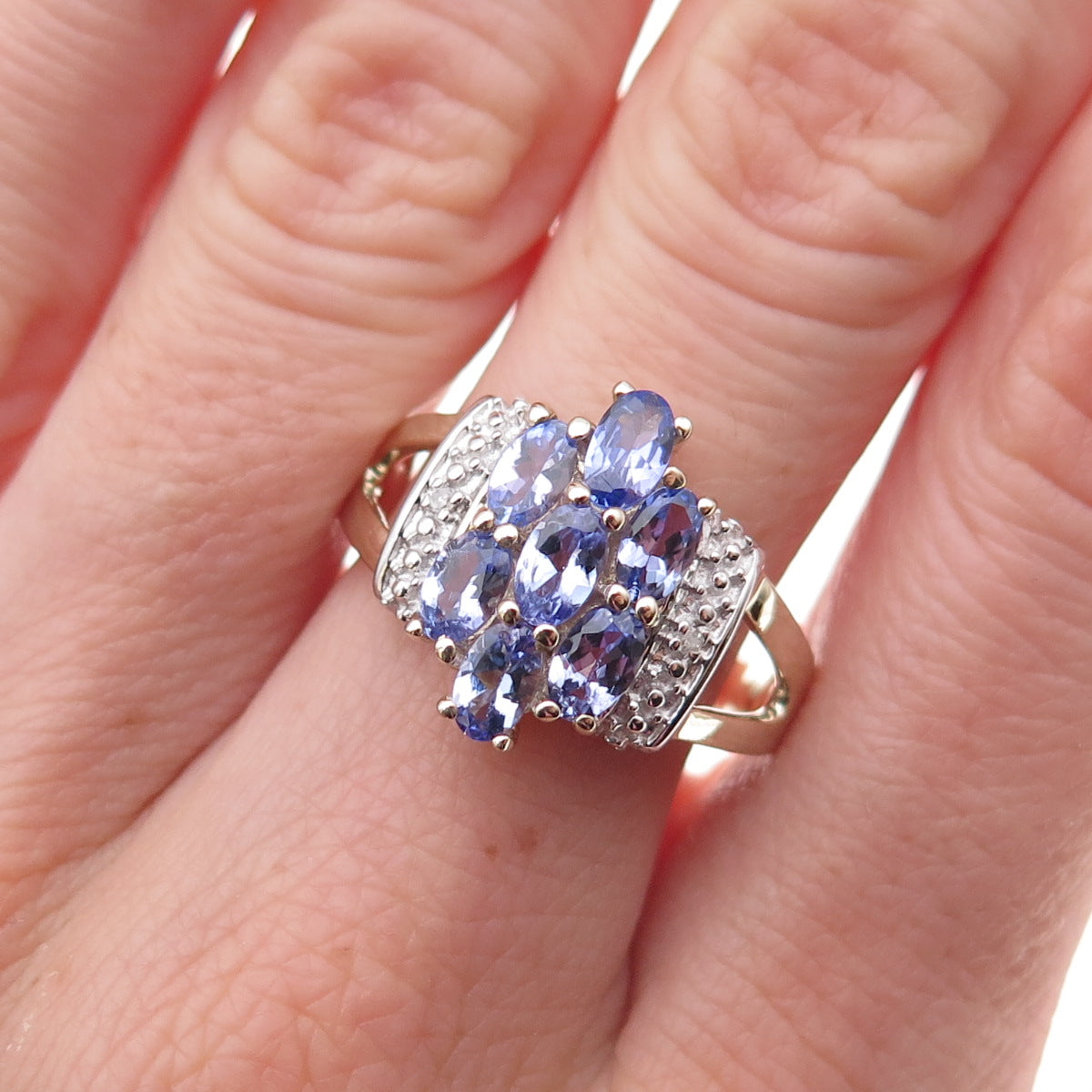 925 Sterling Silver Gold Plated Real Diamond & Tanzanite Ring Size 8