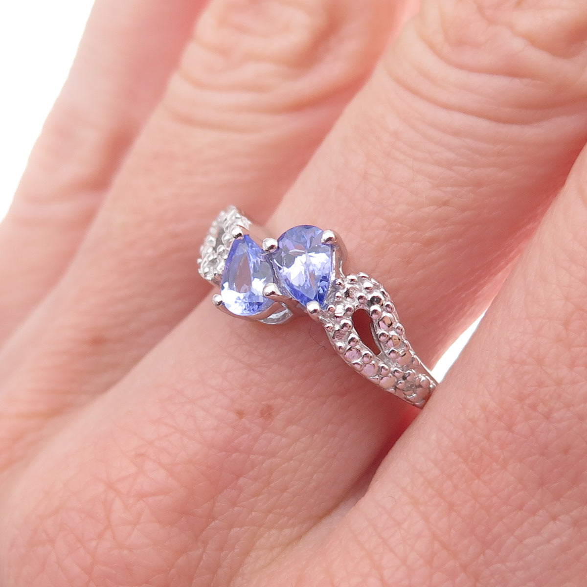 925 Sterling Silver Real Diamond & Tanzanite Bypass Ring Size 8.25