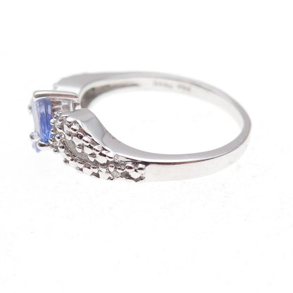 925 Sterling Silver Real Diamond & Tanzanite Bypass Ring Size 8.25