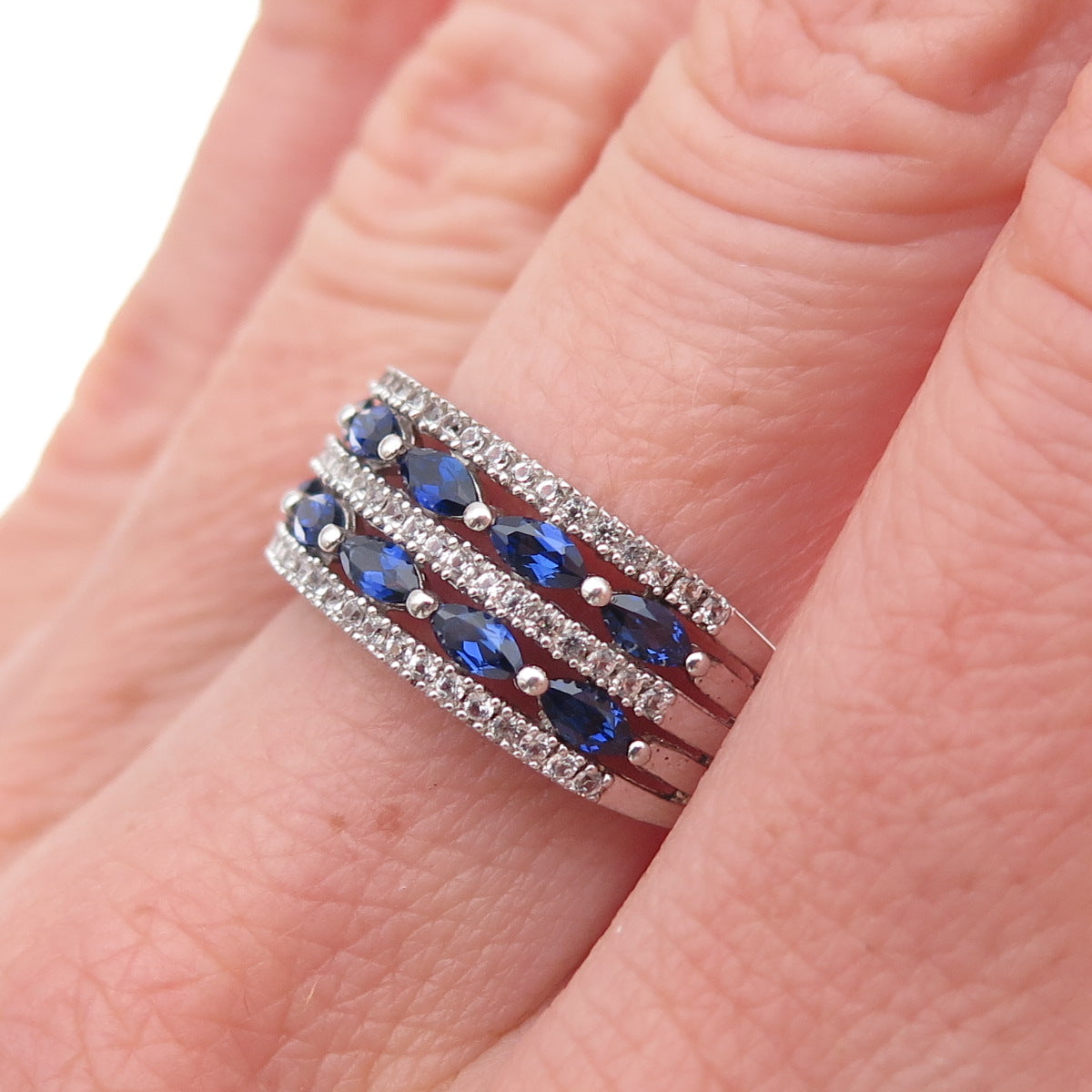 925 Sterling Silver Real White Topaz & Lab-Created Sapphire Ring Size 7.25
