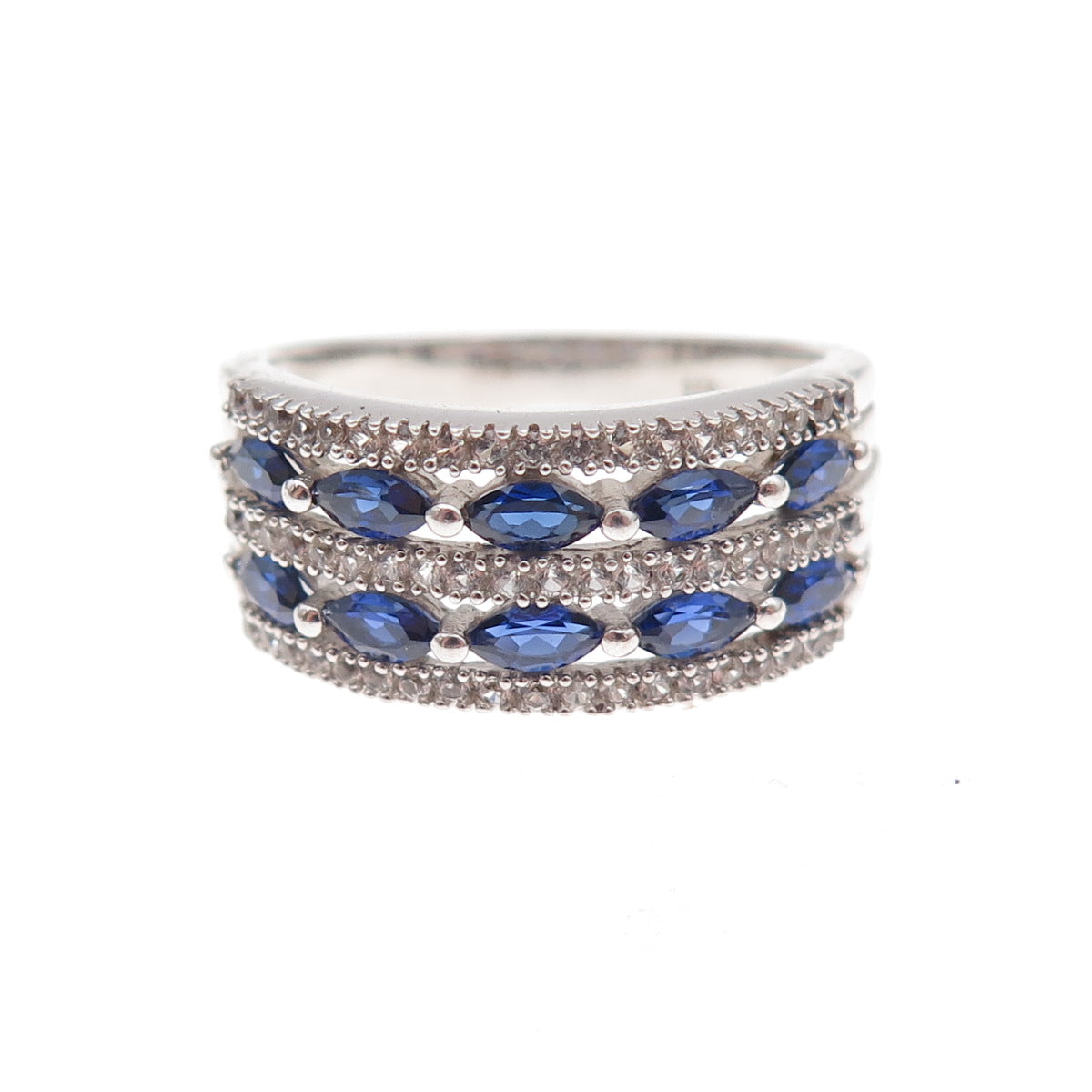 925 Sterling Silver Real White Topaz & Lab-Created Sapphire Ring Size 7.25