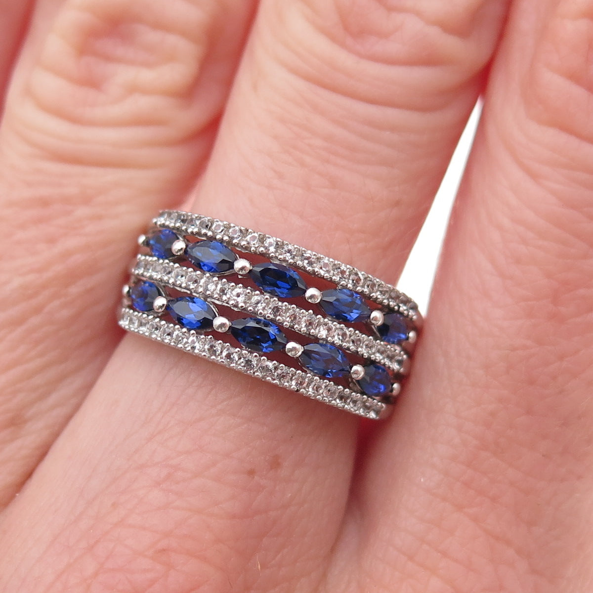 925 Sterling Silver Real White Topaz & Lab-Created Sapphire Ring Size 7.25