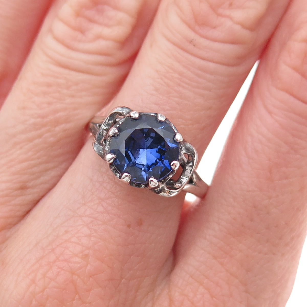 Clark & Coombs 925 Sterling Antique Art Deco Lab-Created Sapphire Ring Size 7.75
