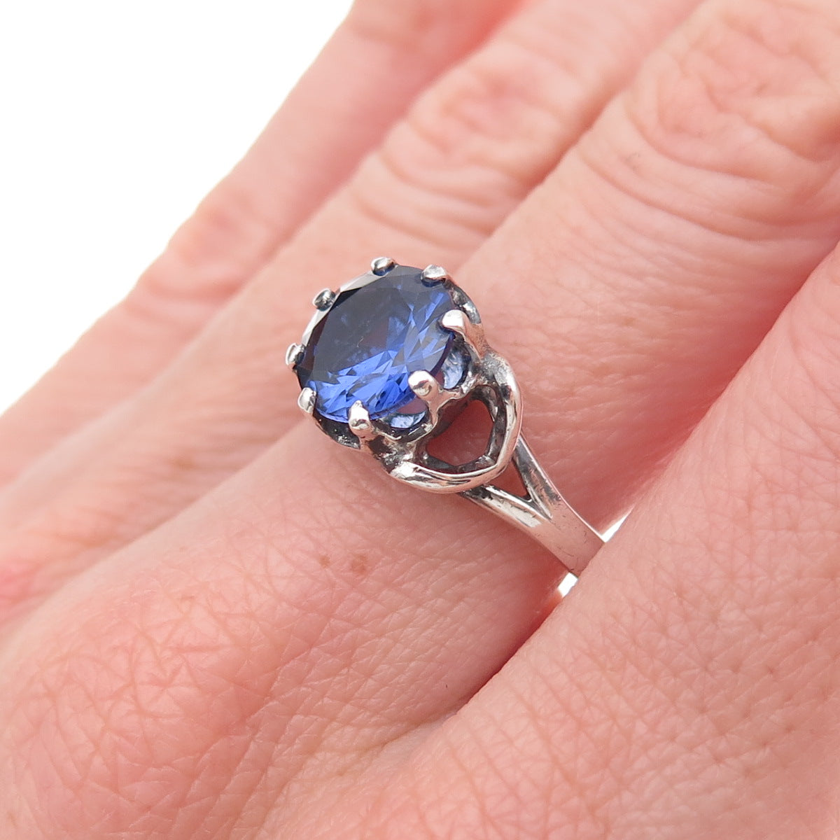 Clark & Coombs 925 Sterling Antique Art Deco Lab-Created Sapphire Ring Size 7.75