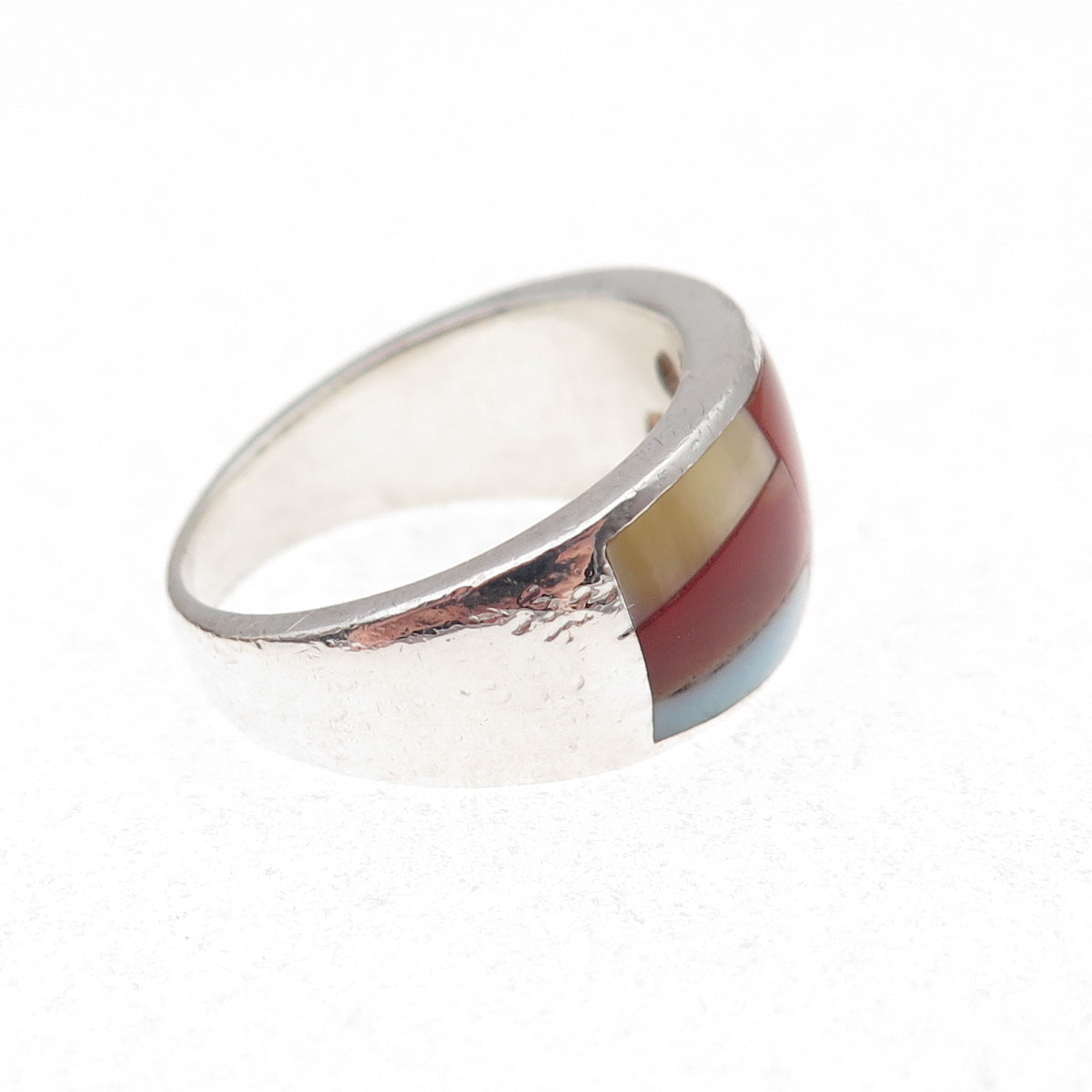 925 Sterling Silver Vintage Real Carnelian Larimar & MOP Mosaic Ring Size 7