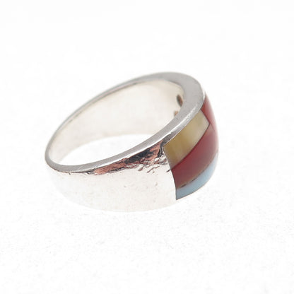925 Sterling Silver Vintage Real Carnelian Larimar & MOP Mosaic Ring Size 7