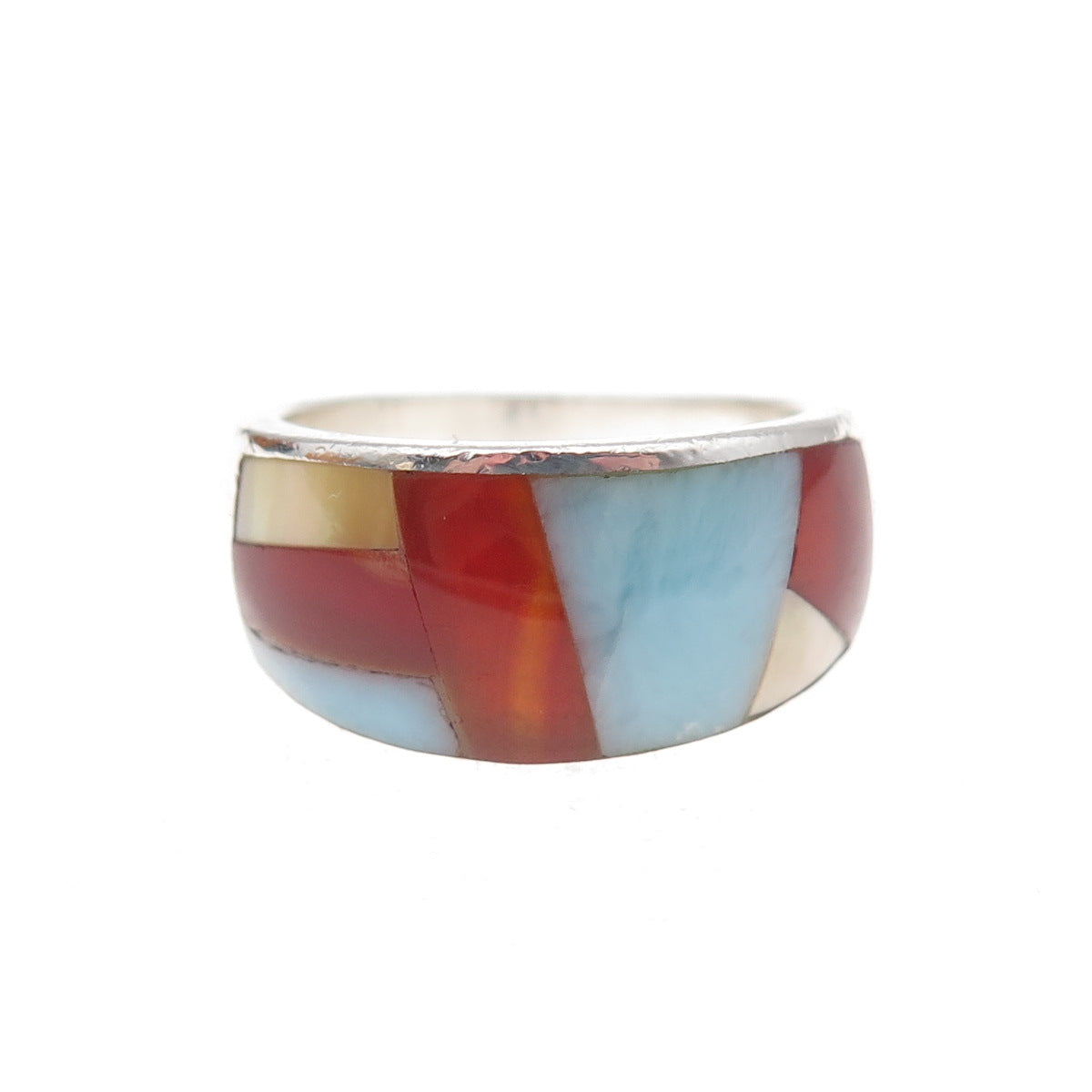 925 Sterling Silver Vintage Real Carnelian Larimar & MOP Mosaic Ring Size 7