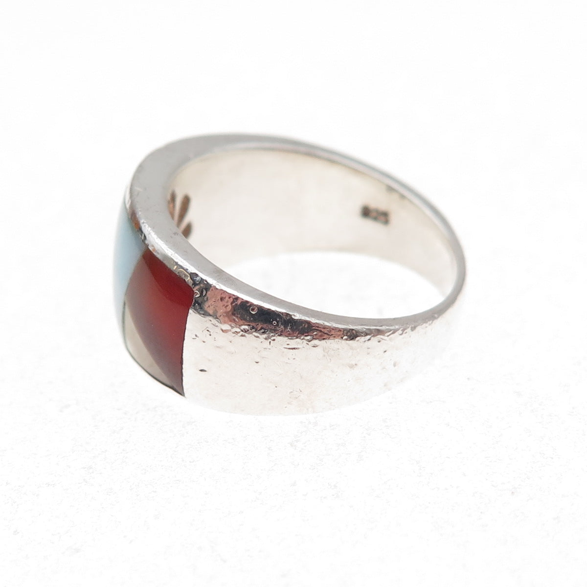 925 Sterling Silver Vintage Real Carnelian Larimar & MOP Mosaic Ring Size 7