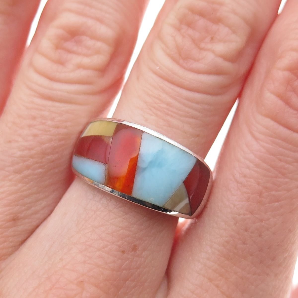 925 Sterling Silver Vintage Real Carnelian Larimar & MOP Mosaic Ring Size 7