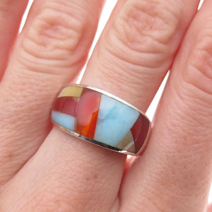 925 Sterling Silver Vintage Real Carnelian Larimar & MOP Mosaic Ring Size 7