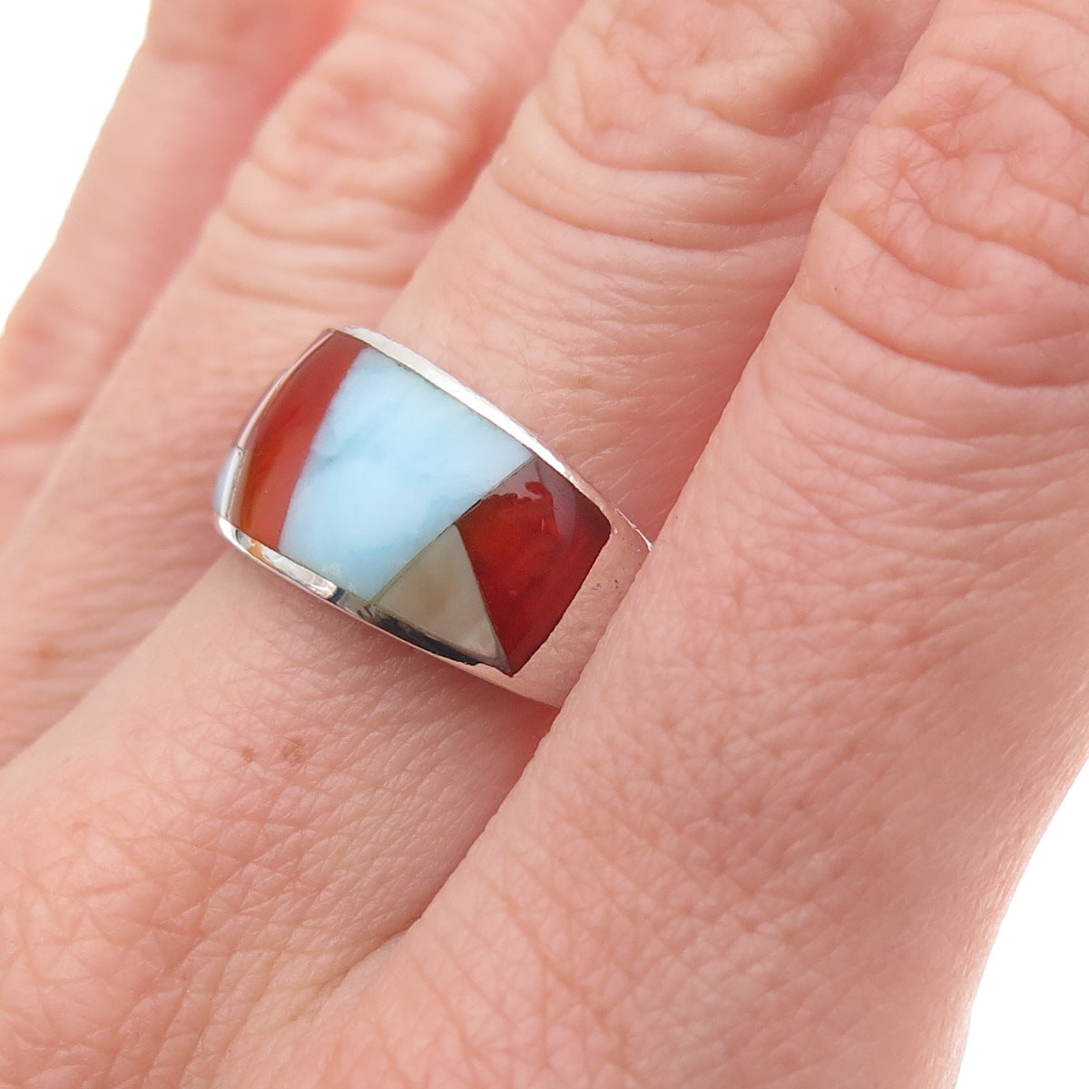 925 Sterling Silver Vintage Real Carnelian Larimar & MOP Mosaic Ring Size 7
