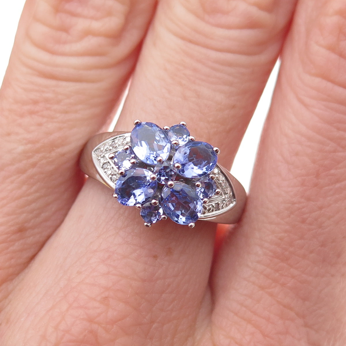 925 Sterling Silver Real Diamond & Tanzanite Floral Ring Size 8