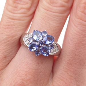 925 Sterling Silver Real Diamond & Tanzanite Floral Ring Size 8