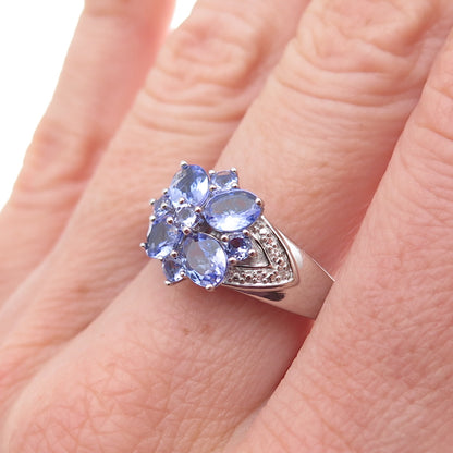 925 Sterling Silver Real Diamond & Tanzanite Floral Ring Size 8