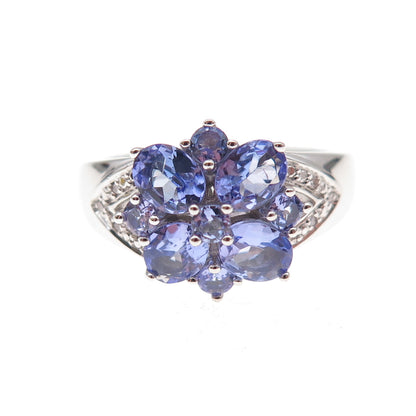925 Sterling Silver Real Diamond & Tanzanite Floral Ring Size 8