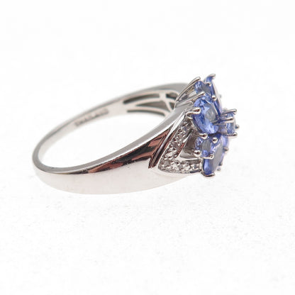925 Sterling Silver Real Diamond & Tanzanite Floral Ring Size 8