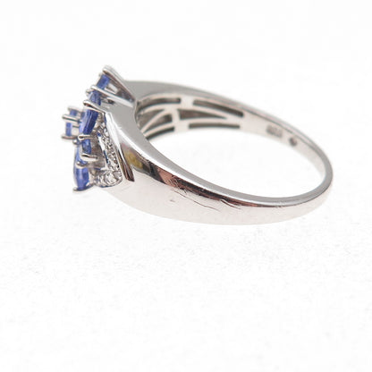 925 Sterling Silver Real Diamond & Tanzanite Floral Ring Size 8