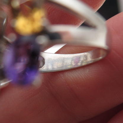 925 Sterling Vintage Real Blue Topaz Amethyst Iolite Peridot Citrine Ring Size 9