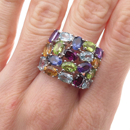 925 Sterling Vintage Real Blue Topaz Amethyst Iolite Peridot Citrine Ring Size 9