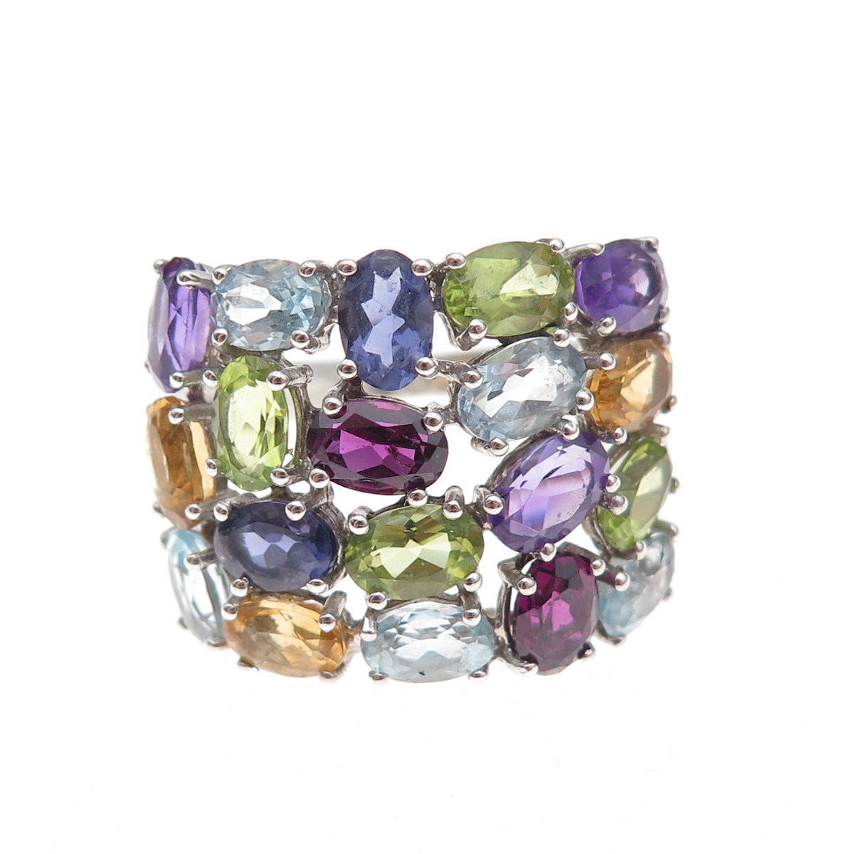 925 Sterling Vintage Real Blue Topaz Amethyst Iolite Peridot Citrine Ring Size 9