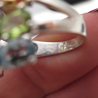 925 Sterling Vintage Real Blue Topaz Amethyst Iolite Peridot Citrine Ring Size 9