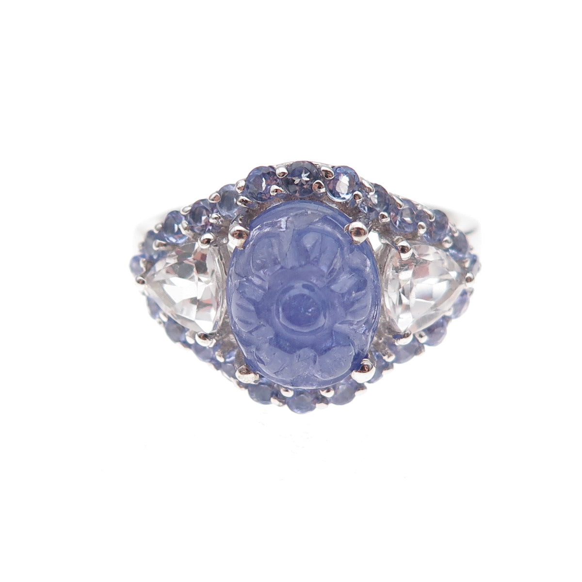Chuck Clemency 925 Sterling Real Tanzanite & White Topaz Floral Ring Size 8.25