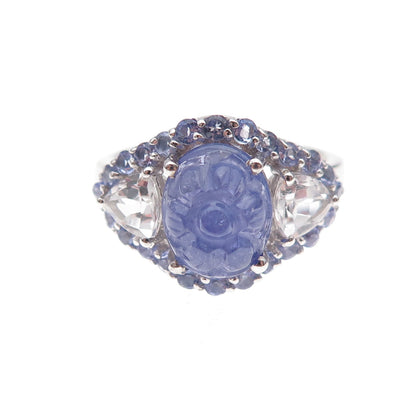 Chuck Clemency 925 Sterling Real Tanzanite & White Topaz Floral Ring Size 8.25