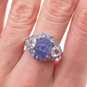 Chuck Clemency 925 Sterling Real Tanzanite & White Topaz Floral Ring Size 8.25
