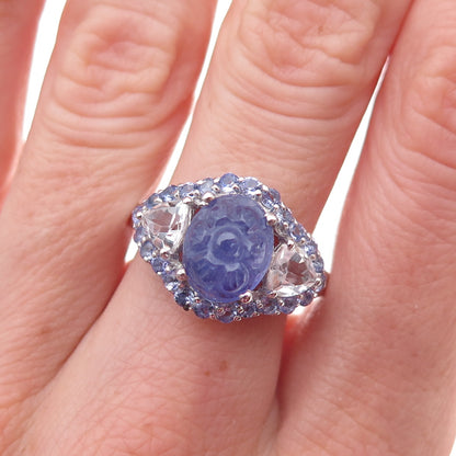 Chuck Clemency 925 Sterling Real Tanzanite & White Topaz Floral Ring Size 8.25