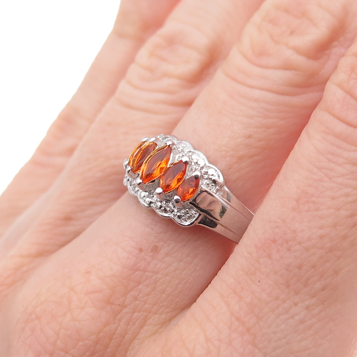 Chuck Clemency 925 Sterling Silver Real Marquise-Cut Fire Opal Ring Size 8.25