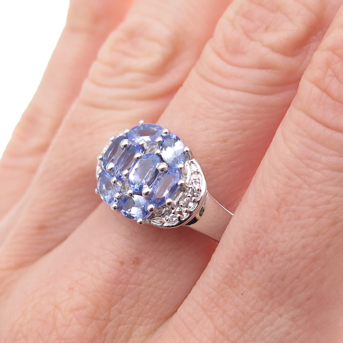 925 Sterling Silver Real Tanzanite & White Topaz Ring Size 8