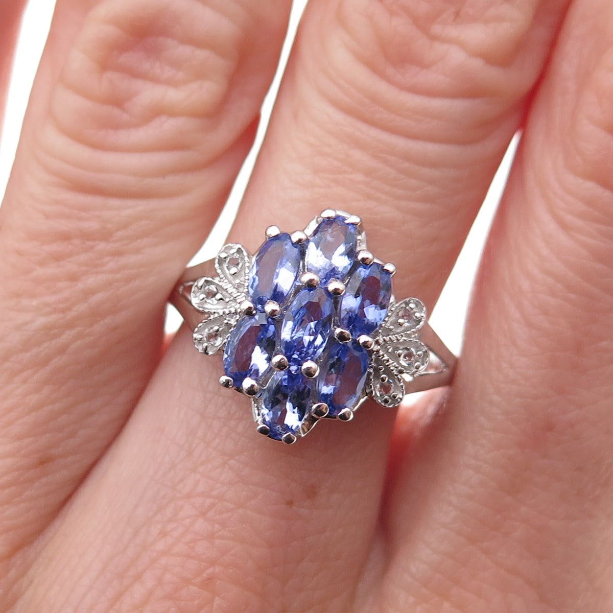 925 Sterling Silver Real Tanzanite & White Topaz Ring Size 8