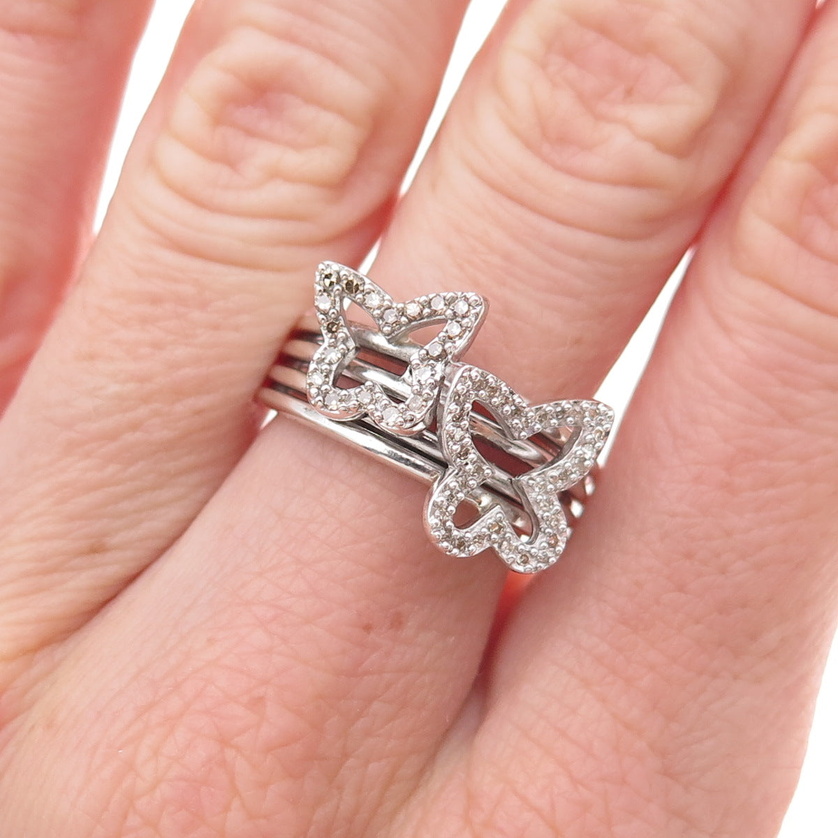 925 Sterling Silver Mexico Real Round-Cut Diamond Butterfly Ring Size 7