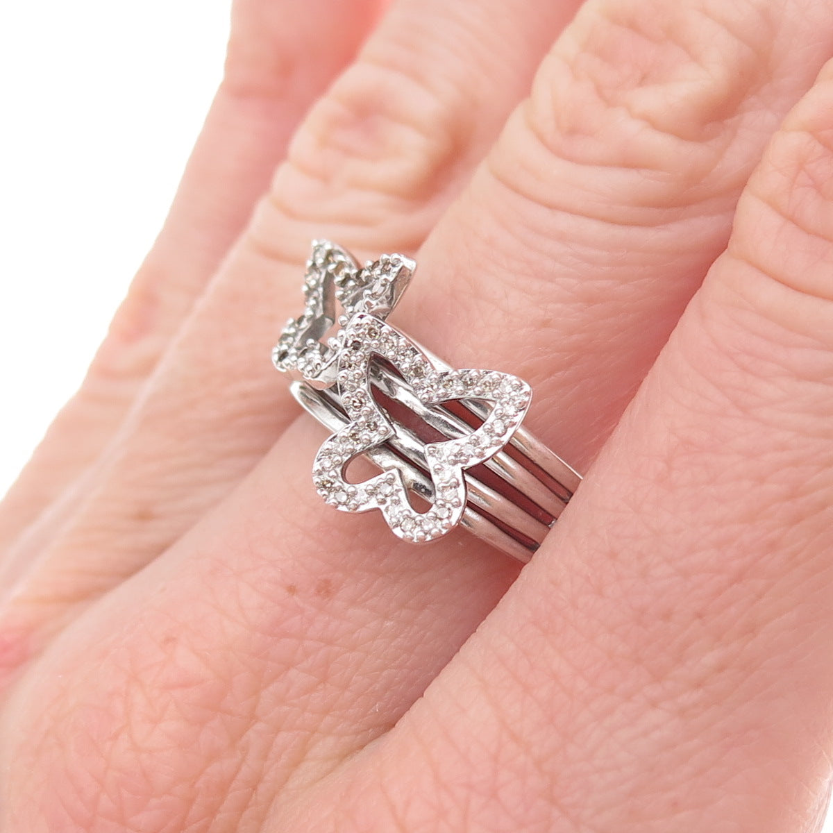 925 Sterling Silver Mexico Real Round-Cut Diamond Butterfly Ring Size 7