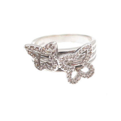925 Sterling Silver Mexico Real Round-Cut Diamond Butterfly Ring Size 7
