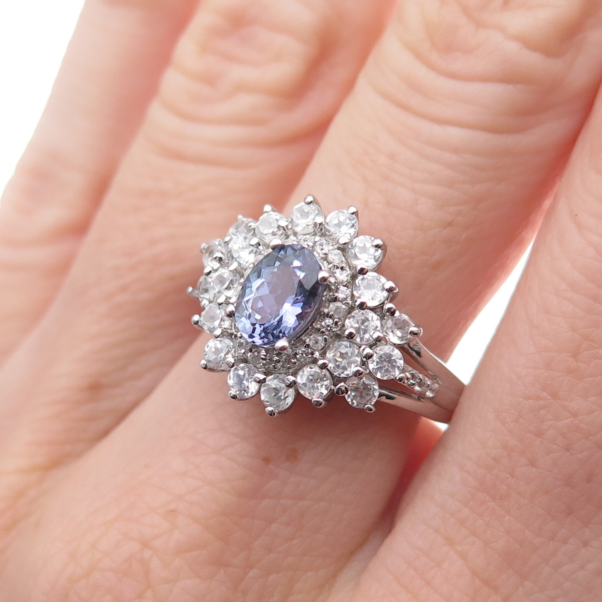 Chuck Clemency 925 Sterling Silver Real Tanzanite & White Topaz Ring Size 8.25