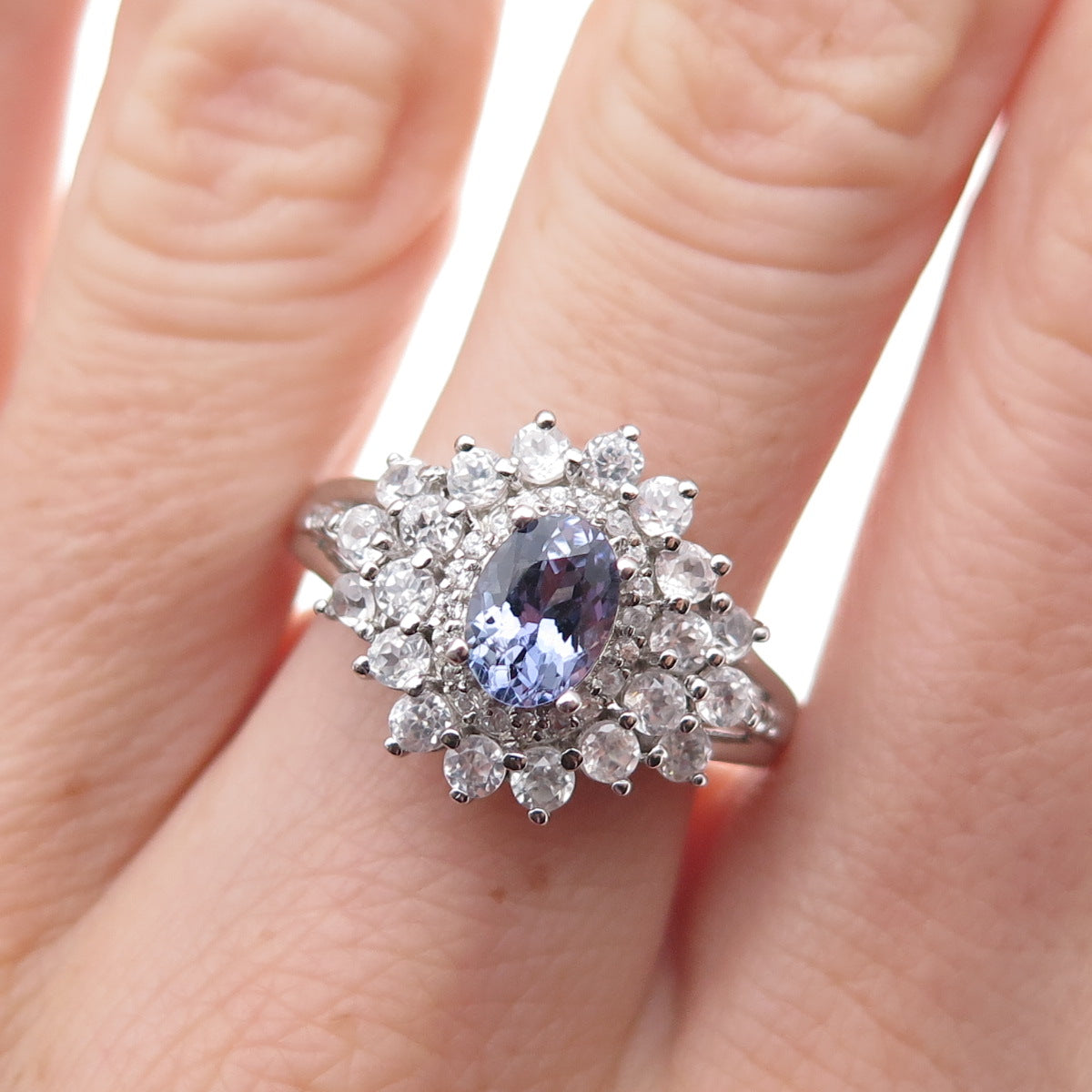 Chuck Clemency 925 Sterling Silver Real Tanzanite & White Topaz Ring Size 8.25