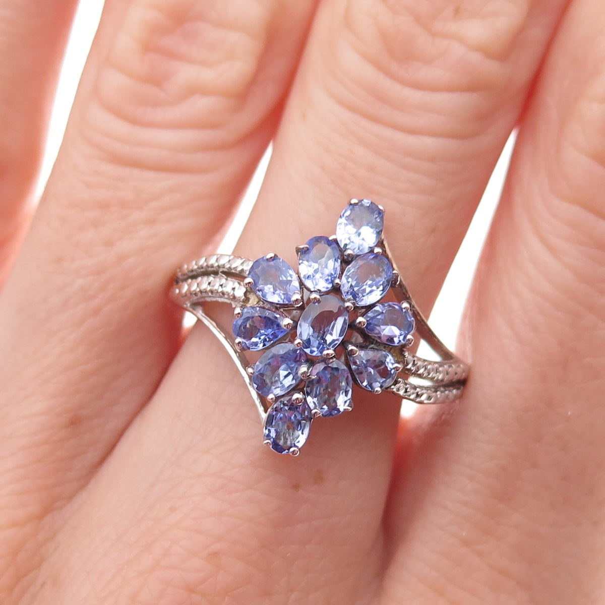 Chuck Clemency 925 Sterling Silver Real Tanzanite Cluster Floral Ring Size 8