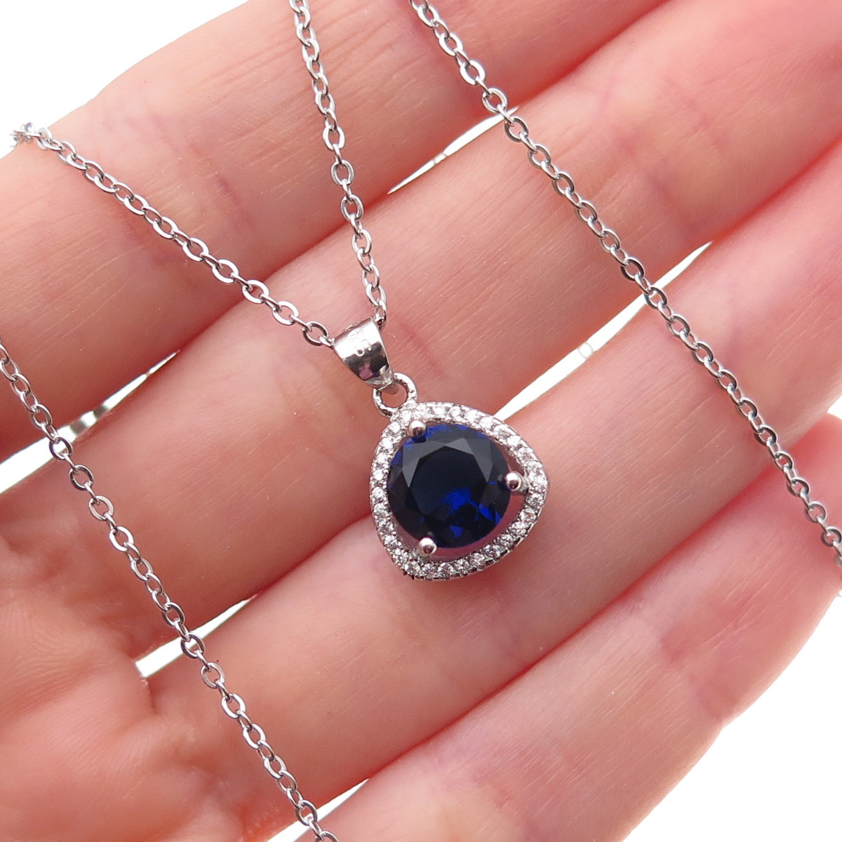 925 Sterling Silver Blue & White C Z Cable Chain Necklace 18"