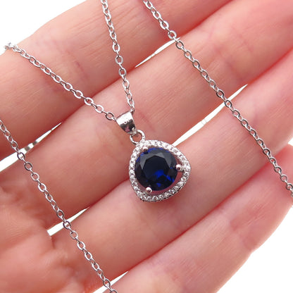 925 Sterling Silver Blue & White C Z Cable Chain Necklace 18"